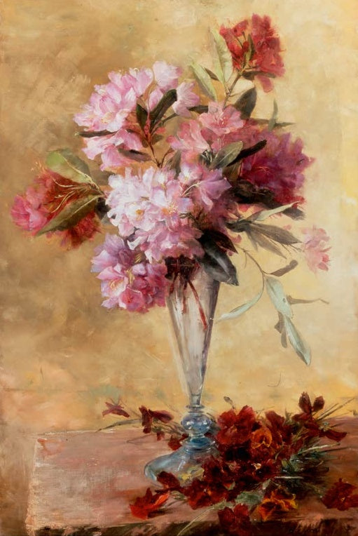 Marie Egner Blumenstillleben Kunstkopie, rosa Blütendolden in einer schlanken Glasvase auf einem Steintisch