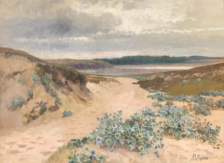 Marie Egner Dünenlandschaft in der Bretagne Kunstkopie, heller Sandweg zwischen Dünen mit Stranddisteln unter Wolken