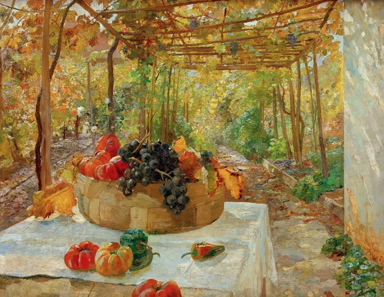 Marie Egner In der Pergola Kunstkopie, Korb mit Weintrauben und Tomaten auf einem Tisch unter herbstlicher Weinlaube