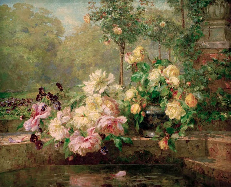 Marie Egner Rosenzeit Kunstkopie, Rosen, Pfingstrosen und Stiefmütterchen auf einer Brüstung am Gartenteich