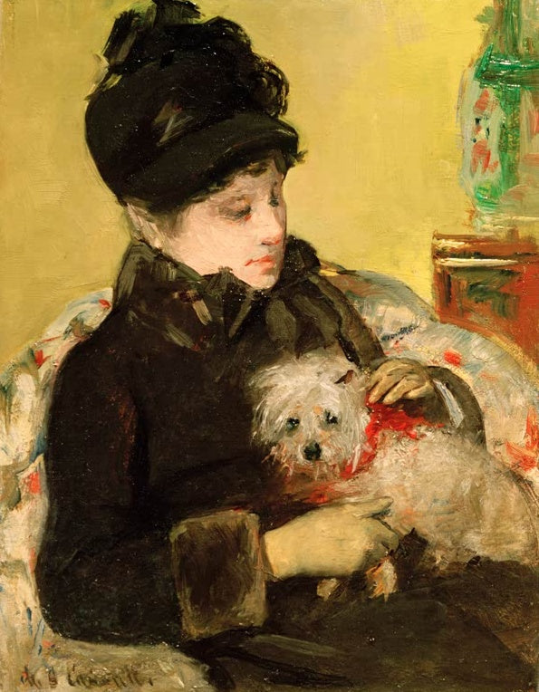 Dame in dunklem Mantel und Hut hält einen kleinen weißen Hund im Arm – Mary Cassatt A Visitor in Hat and Coat Kunstkopie