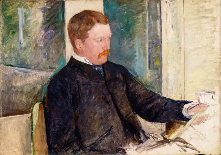 Mann mit rotem Schnurrbart in dunklem Anzug am hellen Fenster – Mary Cassatt Alexander J. Cassatt Kunstkopie