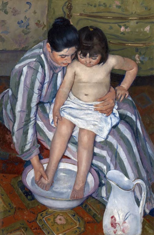 Mary Cassatt Das Kinderbad Kunstkopie, Mutter wäscht Kind die Füße in weißer Waschschüssel