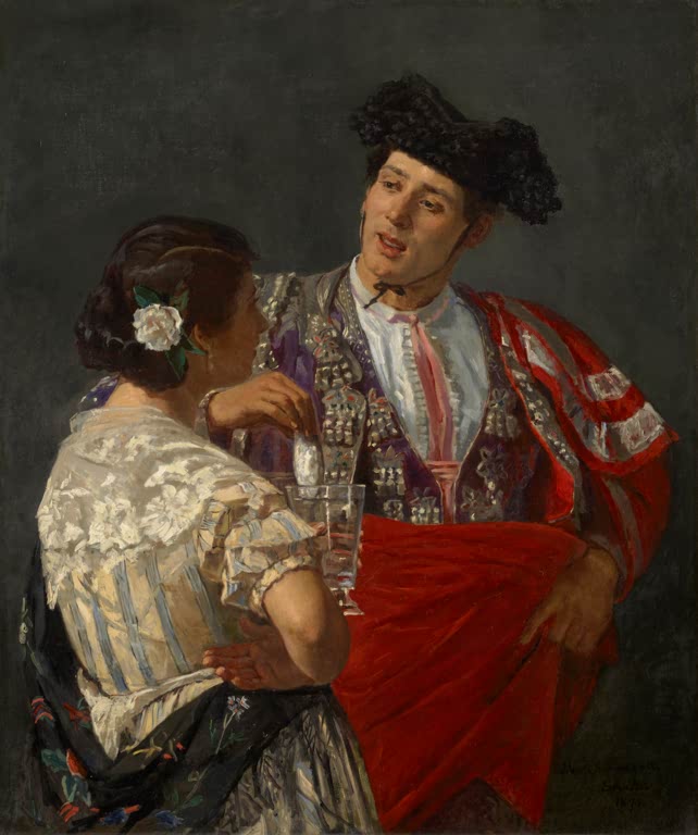 Stierkämpfer mit roter Capa und Frau mit Blume im Haar – Mary Cassatt Das Panal dem Stierkämpfer darbieten Kunstkopie