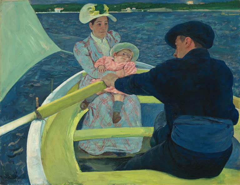 Mutter mit Baby im Boot, daneben ein Ruderer in Blau auf dunklem Wasser – Mary Cassatt Die Bootspartie Kunstkopie