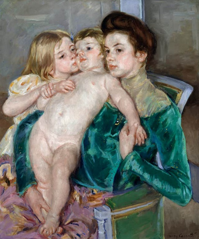 Mary Cassatt Die Liebkosung Kunstkopie, Mutter im grünen Kleid umarmt zwei Kinder auf ihrem Schoß
