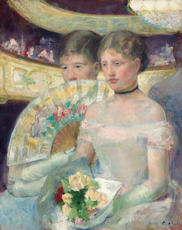 Zwei junge Frauen in der Theaterloge, die vordere mit Fächer und Blumenstrauß – Mary Cassatt Die Loge Kunstkopie