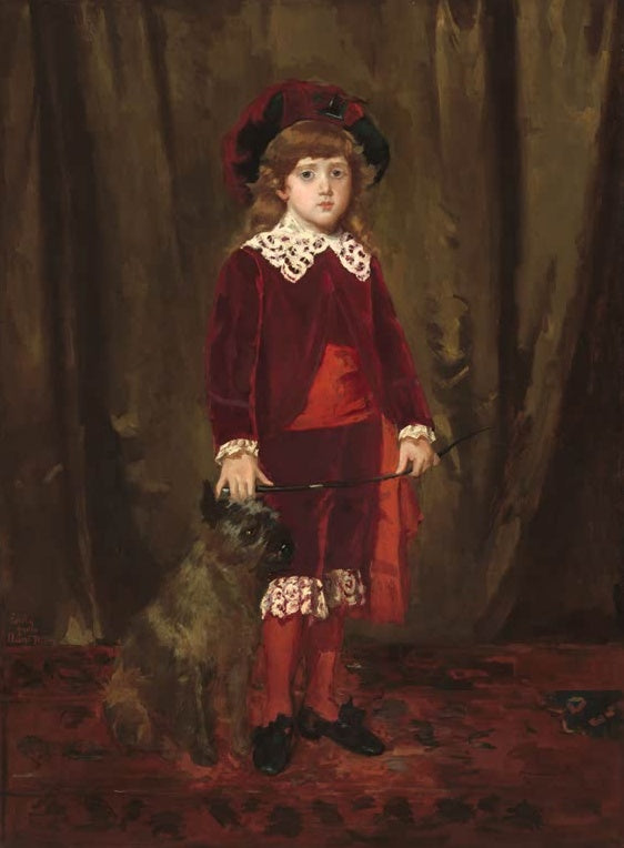Mary Cassatt Eddy Cassatt Kunstkopie, Junge im roten Samtanzug mit Hut und Terrier vor brauner Vorhangkulisse