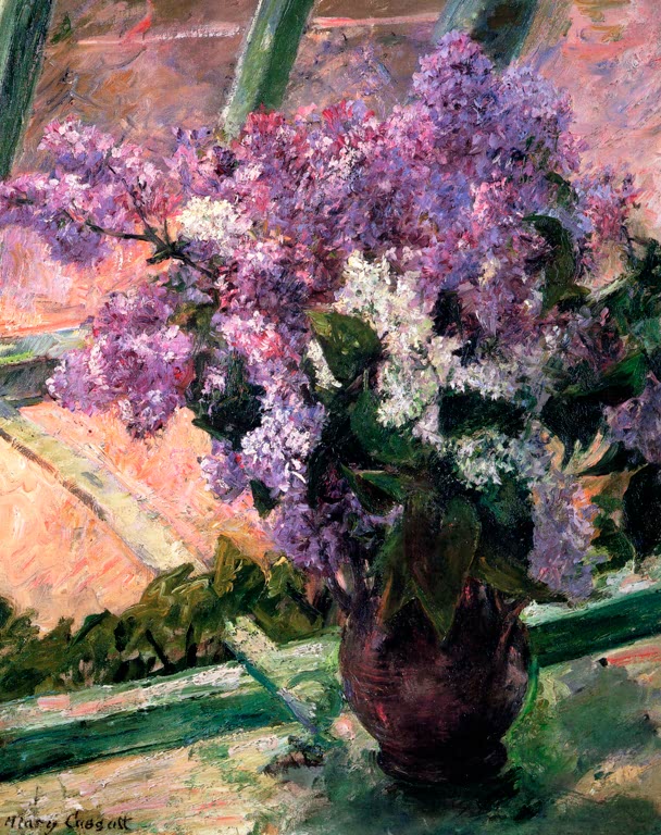 Strauß violetter und weißer Flieder in dunkler Vase vor sonnigem Fenster – Mary Cassatt Flieder im Fenster Kunstkopie