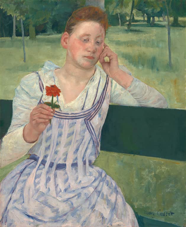 Frau mit roter Blume in der Hand sitzt im Park auf grüner Bank – Mary Cassatt Frau mit einer roten Zinnie Kunstkopie