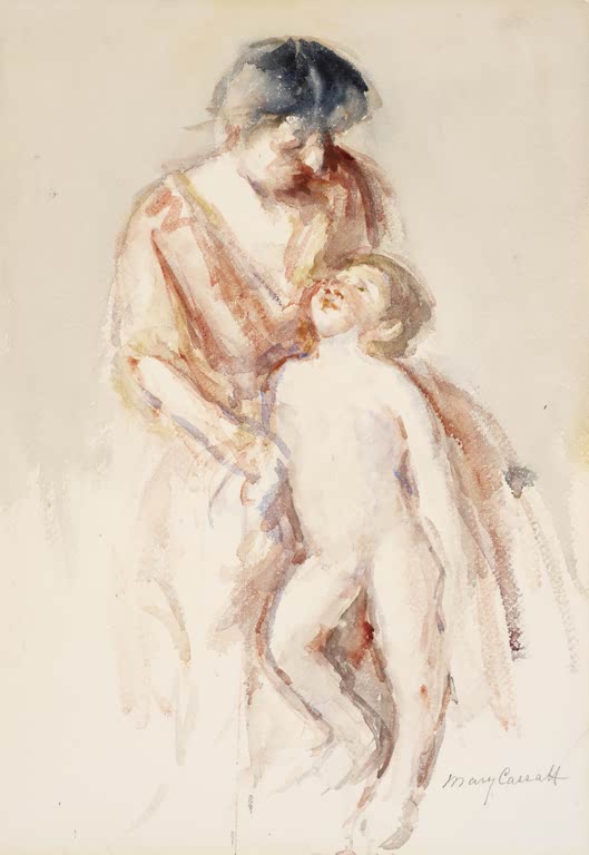 Aquarellierte Skizze einer Frau mit nacktem Jungen im Arm – Mary Cassatt Frau mit nacktem Knaben zu ihrer Linken Kunstkopie