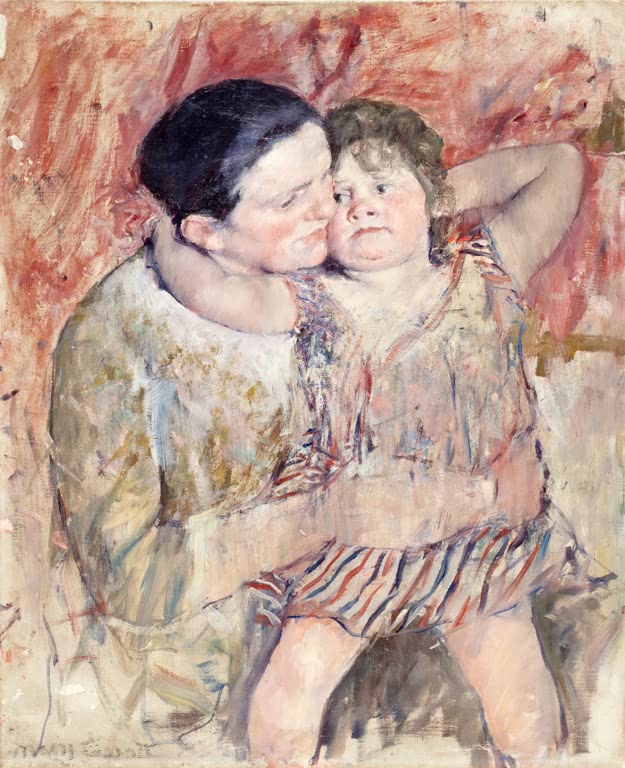 Mutter küsst ihr Kind vor rotem Hintergrund auf die Wange – Mary Cassatt Frau und Kind Kunstkopie