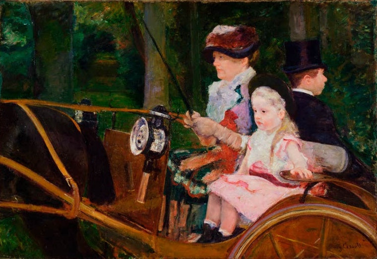 Mary Cassatt Frau und Mädchen bei der Ausfahrt Kunstkopie, Kutsche mit Fahrerin, Mädchen und Kutscher im Wald