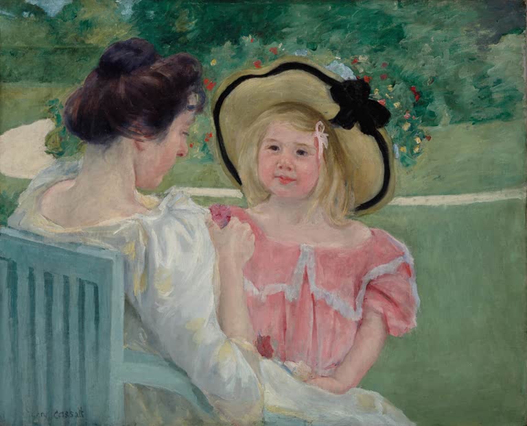 Frau und Mädchen mit Strohhut auf einer Gartenbank – Mary Cassatt Im Garten Kunstkopie