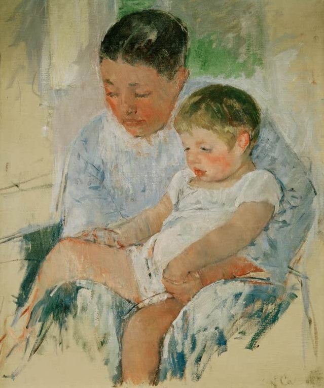 Älterer Junge hält ein schläfriges Kleinkind auf dem Schoß im Sessel – Mary Cassatt Jenny and Her Sleepy Child Kunstkopie