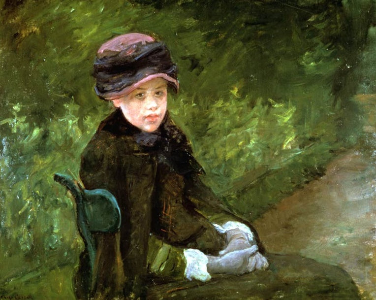 Mary Cassatt Junge Dame im Park Kunstkopie, junge Frau mit rosa Hut und weißen Handschuhen vor grünem Gebüsch