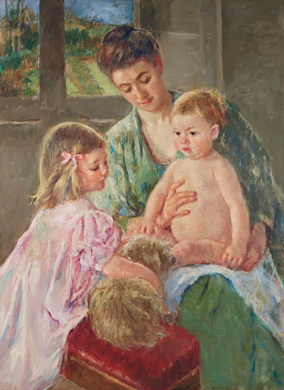 Mutter, Baby und Mädchen mit rosa Schleife beim Hund – Mary Cassatt Kinder, die mit einem Hund spielen Kunstkopie