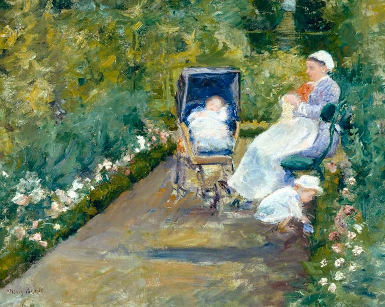 Kindermädchen sitzt im blühenden Garten neben einem Kinderwagen mit Baby – Mary Cassatt Kinder im Garten Kunstkopie