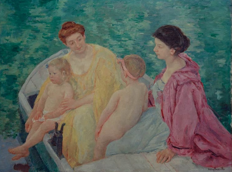 Zwei Frauen mit zwei nackten Kindern in einem Boot auf grünem Wasser – Mary Cassatt Le Bain Kunstkopie