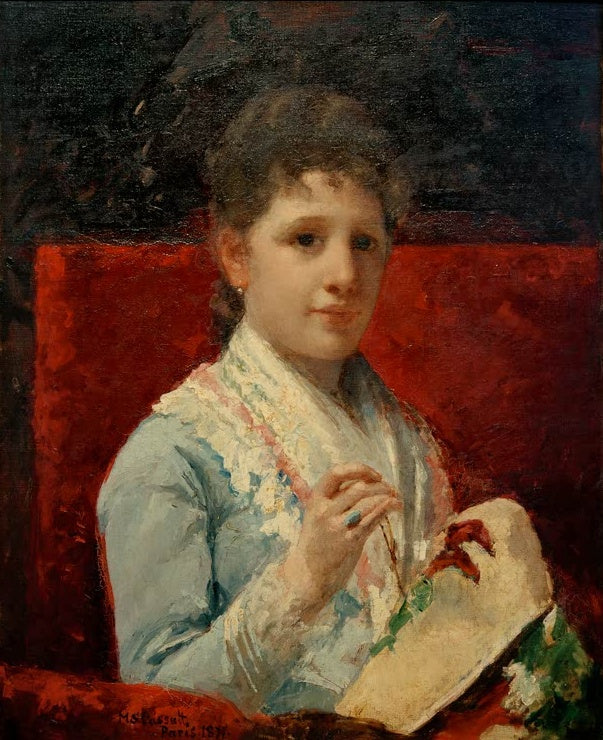 Mary Cassatt Mary Ellison beim Sticken Kunstkopie, junge Frau mit Stickrahmen vor rotem Hintergrund