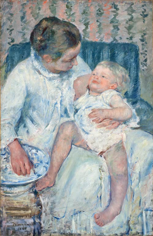Mutter hält ihr Kind auf dem Schoß neben einer Waschschüssel – Mary Cassatt Mother About to Wash Her Sleepy Child Kunstkopie