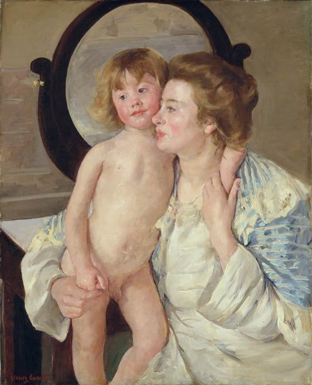 Mutter mit nacktem Kind auf dem Schoß vor einem ovalen Spiegel, Wange an Wange – Mary Cassatt Mutter und Kind Kunstkopie
