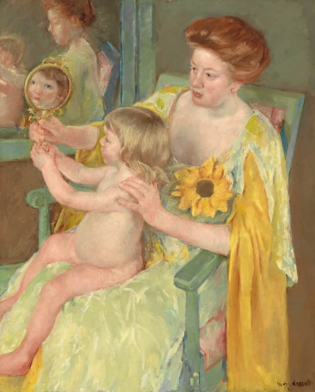 Mary Cassatt Mutter und Kind mit Sonnenblume Kunstkopie, Mutter im gelben Gewand zeigt Kleinkind einen Handspiegel
