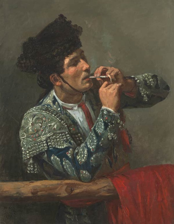 Torero in verziertem Jackett zündet sich eine Zigarette an – Mary Cassatt Nach dem Stierkampf Kunstkopie