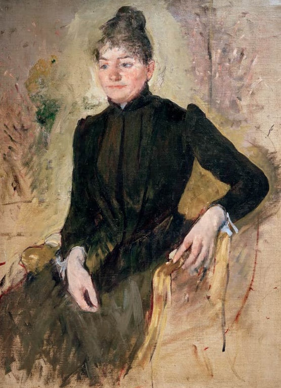 Frau in dunklem Kleid sitzt mit hochgestecktem Haar im Armlehnstuhl – Mary Cassatt Portrait of a Woman Kunstkopie