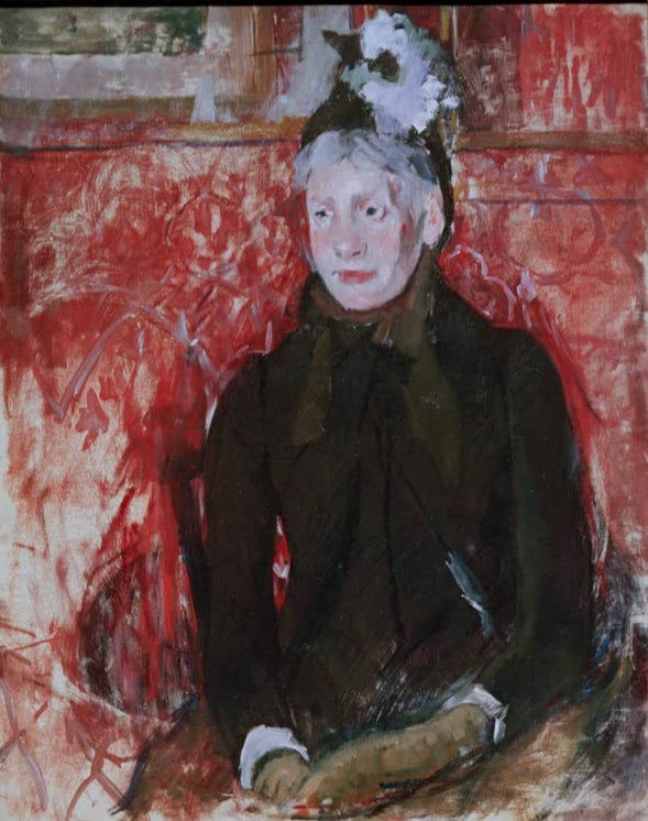 Ältere Frau mit Haube sitzt vor rotem Hintergrund – Mary Cassatt Portrait of an Elderly Lady in a Bonnet Kunstkopie