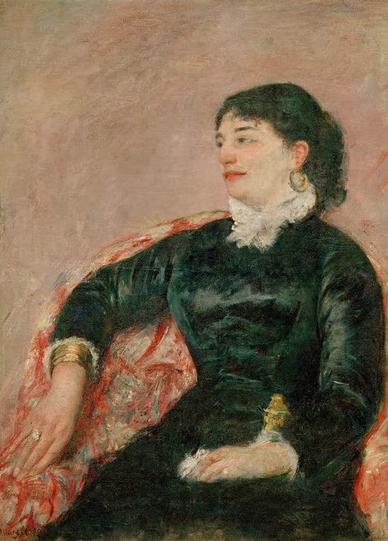 Dunkelhaarige Frau in grünem Samtkleid im gemusterten Sessel – Mary Cassatt Portrait of an Italian Lady Kunstkopie