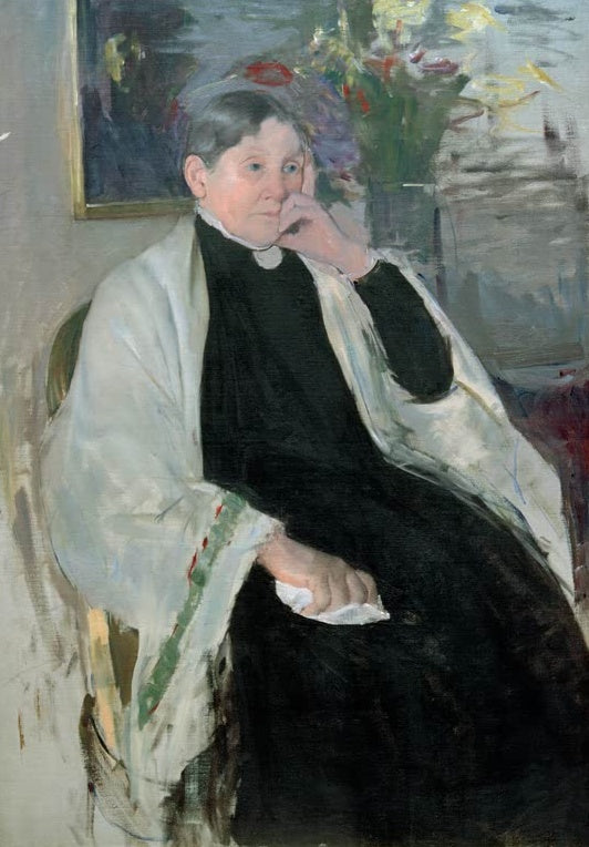 Ältere Frau in Schwarz mit weißem Schal stützt den Kopf – Mary Cassatt Portrait of Katherine Kelso Cassatt Kunstkopie