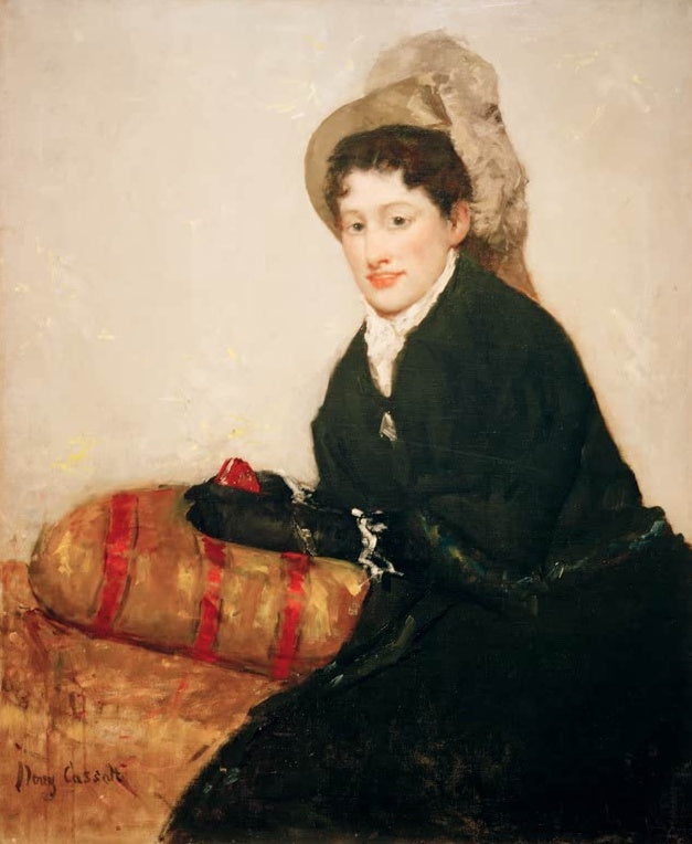 Dame in dunklem Kostüm mit Hut auf gestreiftem Kissen – Mary Cassatt Portrait of Madame X Dressed for the Matinee Kunstkopie