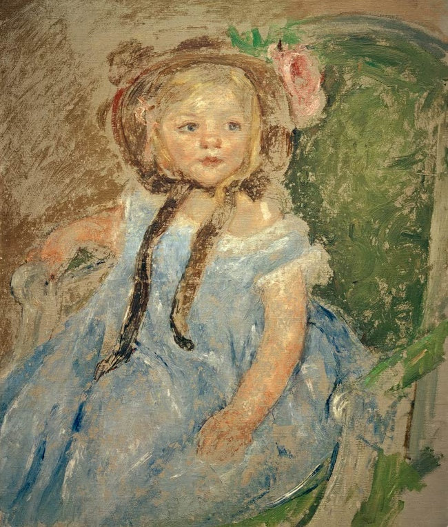 Kleines blondes Mädchen im blauen Kleid mit dunklem Häubchen im grünen Sessel – Mary Cassatt Sara in a Dark Bonnet Kunstkopie