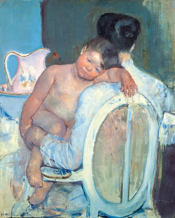 Mary Cassatt Sitzende Frau mit Kind auf dem Arm Kunstkopie, Frau von hinten hält Kleinkind vor blauem Hintergrund
