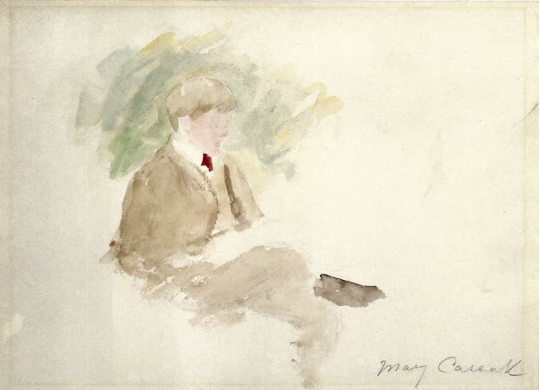 Junge im braunen Jackett in zarter Aquarellskizze – Mary Cassatt Studie eines Jungen Kunstkopie