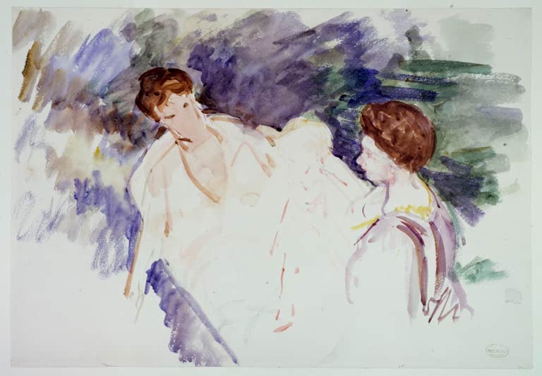 Zwei Frauen in lockeren violetten Aquarellstrichen – Mary Cassatt Studie für Das Bad Kunstkopie
