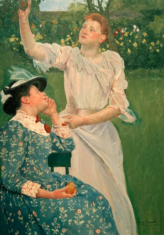 Junge Frauen pflücken Obst im Garten, eine reckt den Arm zum Baum – Mary Cassatt Young Women Picking Fruit Kunstkopie