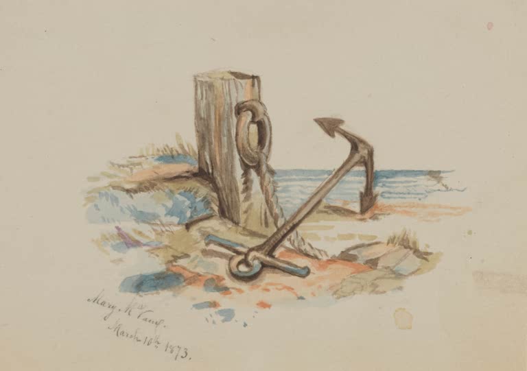 Mary Vaux Walcott Festmacherpfosten mit Anker Kunstkopie, verwitterter Holzpfosten mit Tau und großer Eisenanker am Ufer