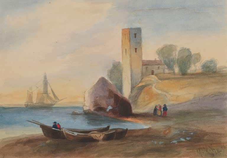 Mary Vaux Walcott Küstenszene mit Turm und Segelschiff Kunstkopie, Küstenszene mit Segelschiff, hohem Turm, Felsblock