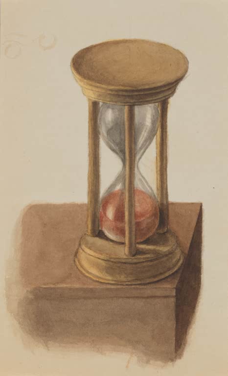 Mary Vaux Walcott Sanduhr Kunstkopie, hölzerne Sanduhr mit rötlichem Sand auf einem Holzblock in warmen Braun- und Ockertönen