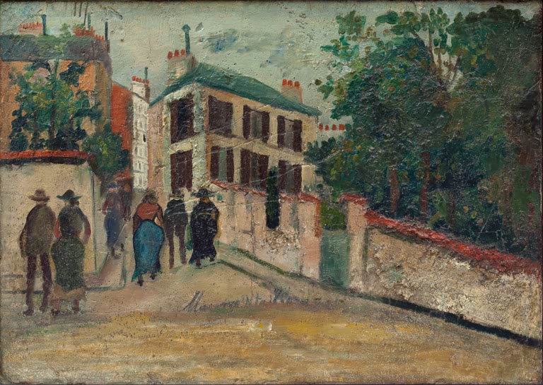 Passanten an einer Mauer, dahinter ein Haus mit grünem Dach und Bäumen – Maurice Utrillo 12 Rue Cortot, Montmartre Kunstkopie