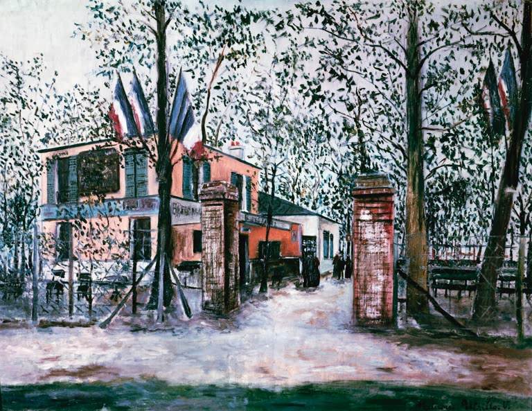 Rosa Gasthaus mit Trikoloren hinter Backsteinpfeilern und Bäumen – Maurice Utrillo Ausflugslokal in Montmagny Kunstkopie