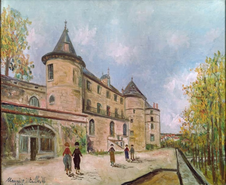 Schloss mit Rundtürmen, Spaziergängern und herbstlich gefärbten Bäumen – Maurice Utrillo Château de Chastellux Kunstkopie