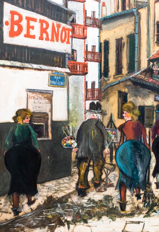 Zwei Frauen und ein Maler mit Palette vor der Hauswand mit Bernot-Schriftzug – Maurice Utrillo Das Haus Bernot Kunstkopie