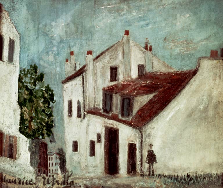 Weißes Haus mit rotem Dach und Schornsteinen, davor ein Mann – Maurice Utrillo Das Haus der Mimi Pinson Kunstkopie