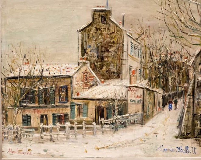 Verschneite Straße mit kleinem Haus und Lattenzaun – Maurice Utrillo Das Kabarett Lapin Agile Kunstkopie