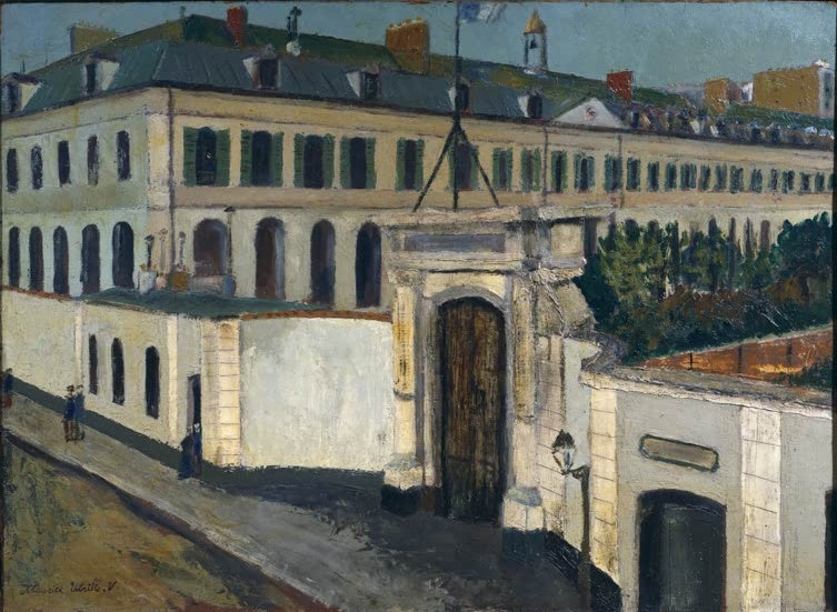 Langes Gebäude mit Fensterläden und hohem Tor an der Straße – Maurice Utrillo Das Militärhospital Saint-Martin Kunstkopie