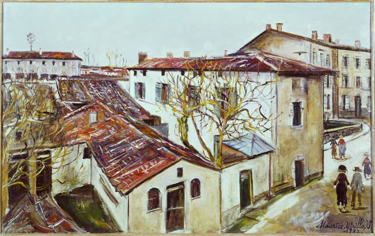 Blick über rote Ziegeldächer und kahle Bäume auf Häuser einer Gasse – Maurice Utrillo Das Pfarrhaus von Ars Kunstkopie