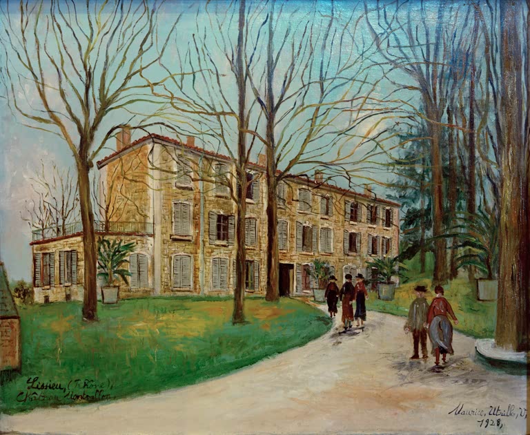 Schloss im Park mit kahlen Bäumen und Spaziergängern – Maurice Utrillo Das Schloss Montvallon in Lissieu Kunstkopie